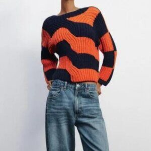 Zara Bold Knit Sweater in Orange and Navy Blue